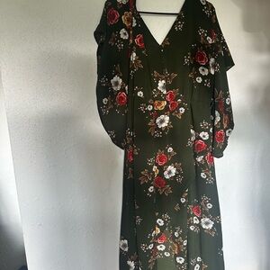 Simple Olive Floral Long Sleeve Dress